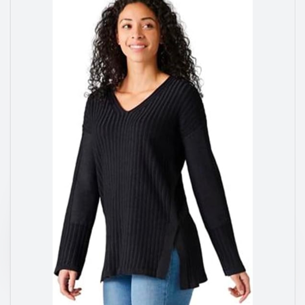 Smartwool Shadow Pine V Neck Sweater Womens Size Small Tunic Length Black Ribbed - Picture 2 of 9